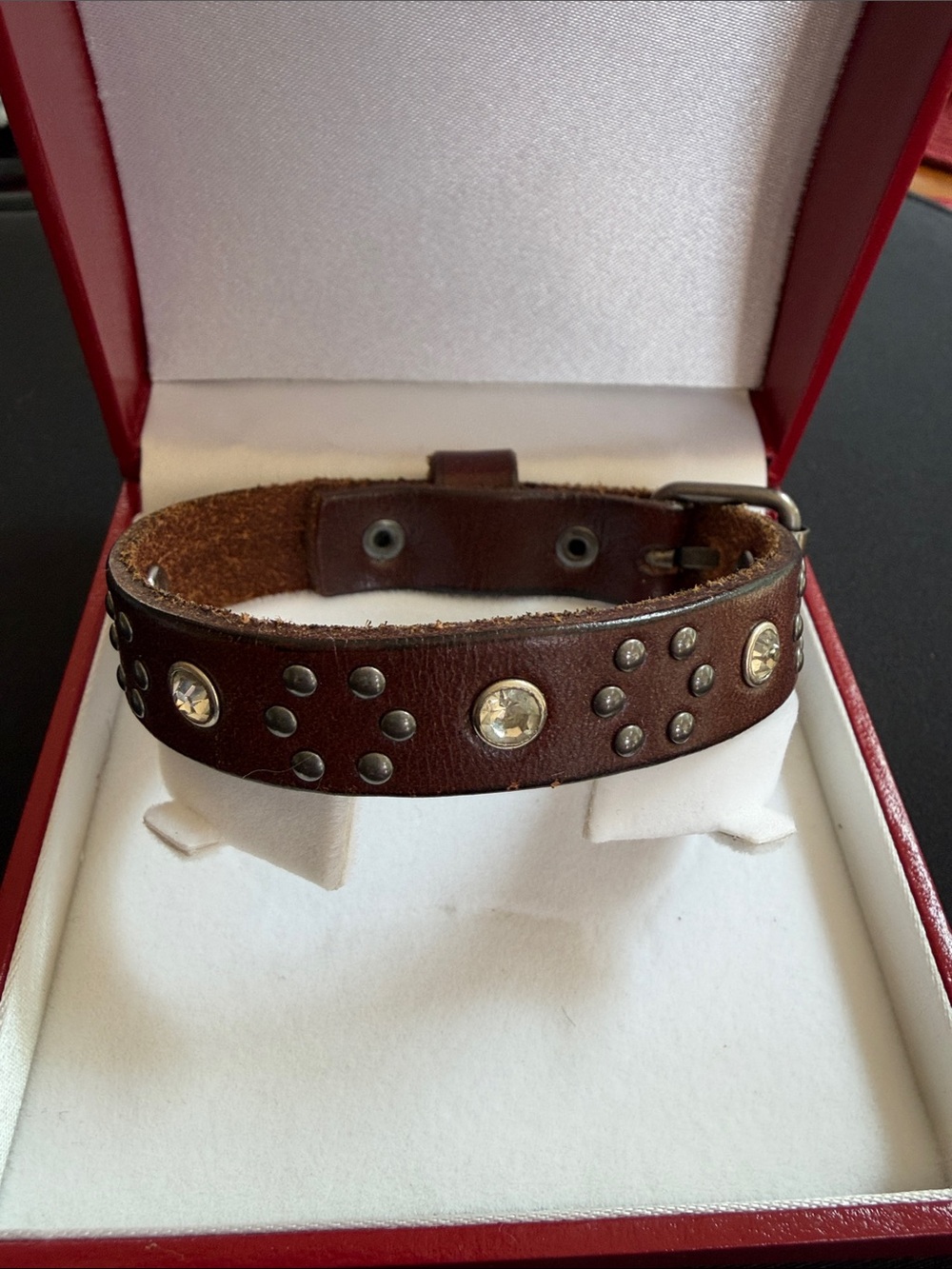 Brown Studded Leather Bracelet with Buckle and Crystal Accents!